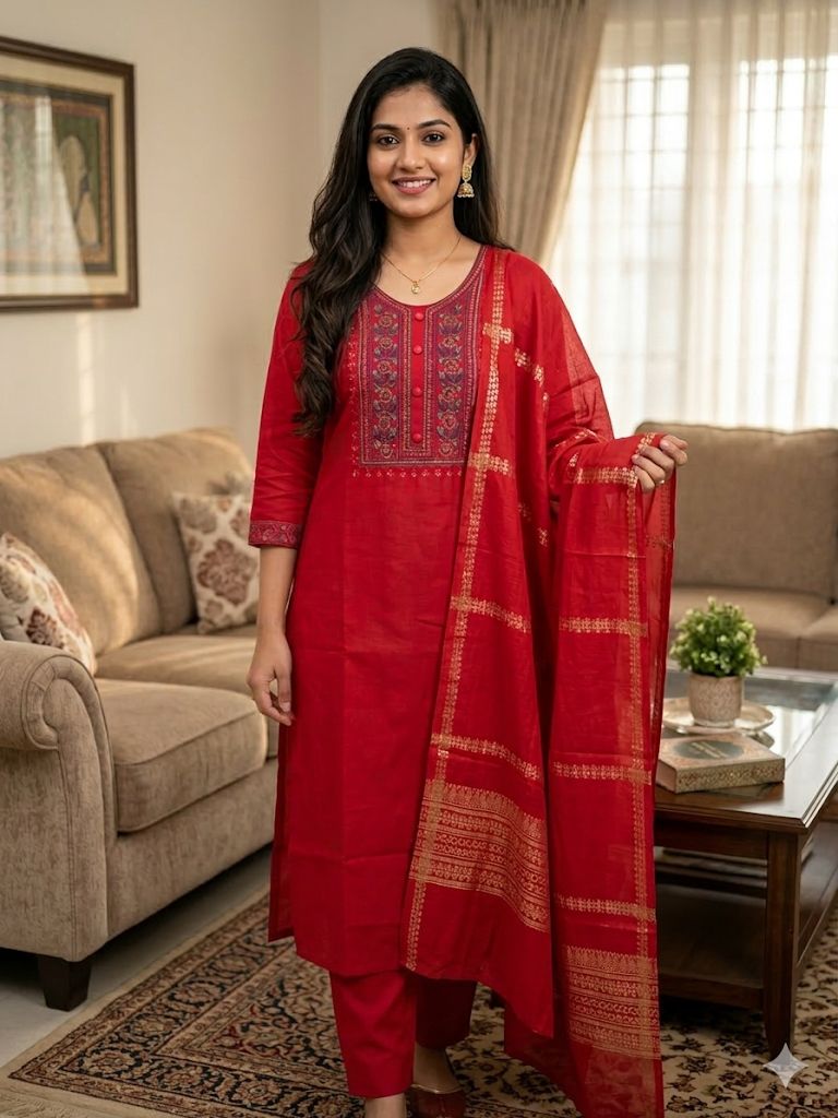 Red Roman Silk Salwar Suit with Gold Border Dupatta