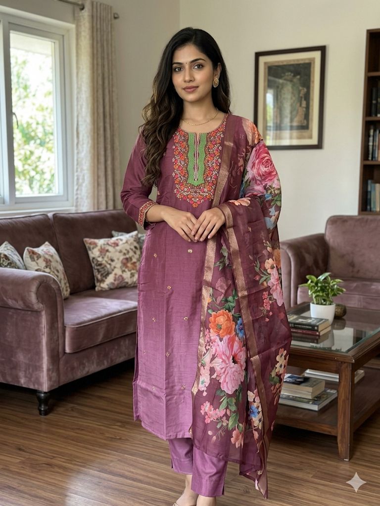 Wine Roman Silk Salwar Suit with Floral Dupatta