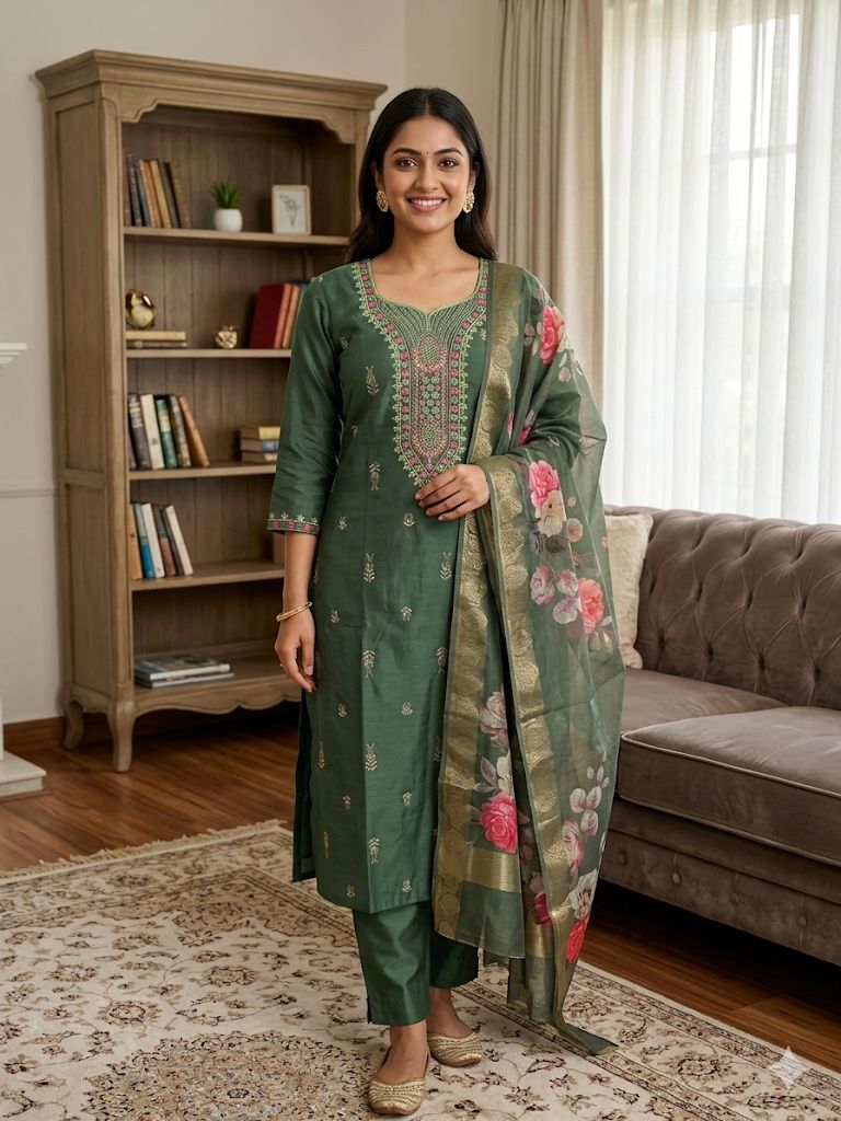 Olive Green Roman Silk Salwar Suit with Floral Dupatta