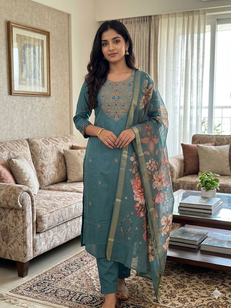 Teal Blue Roman Silk Salwar Suit with Floral Dupatta