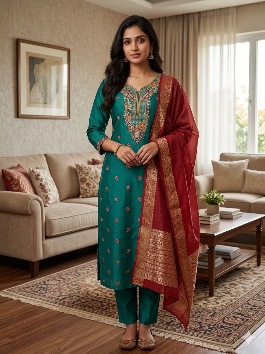 Green Roman Silk Salwar Suit with Maroon Dupatta