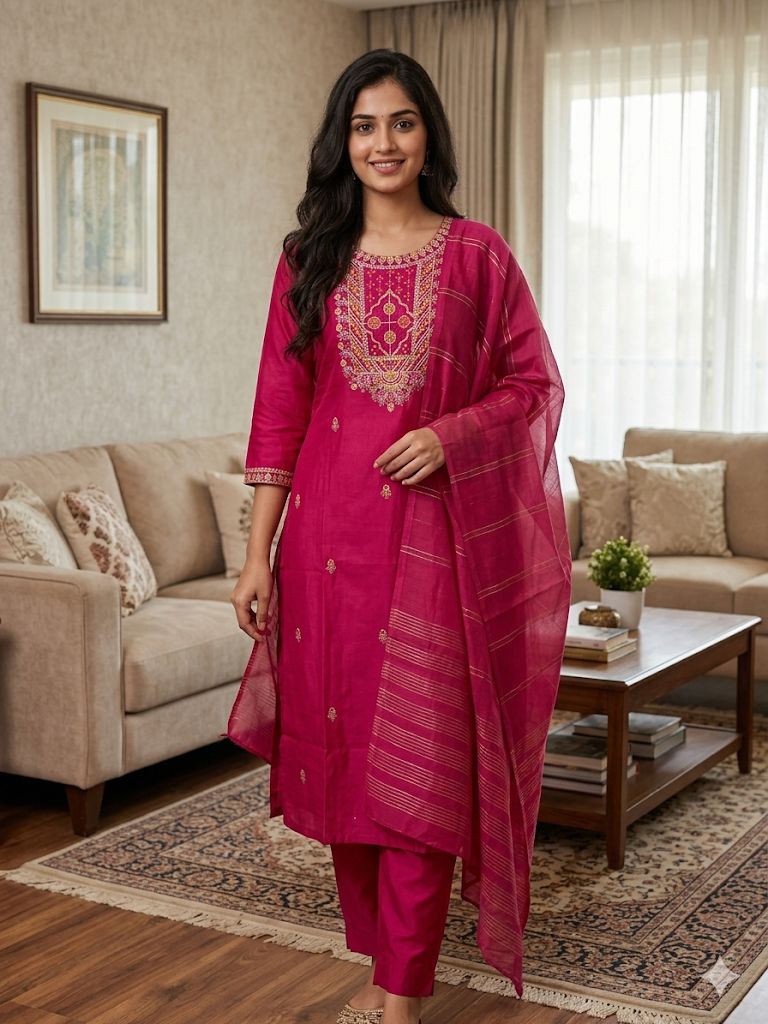 Pink Roman Silk Salwar Suit with Woven Dupatta