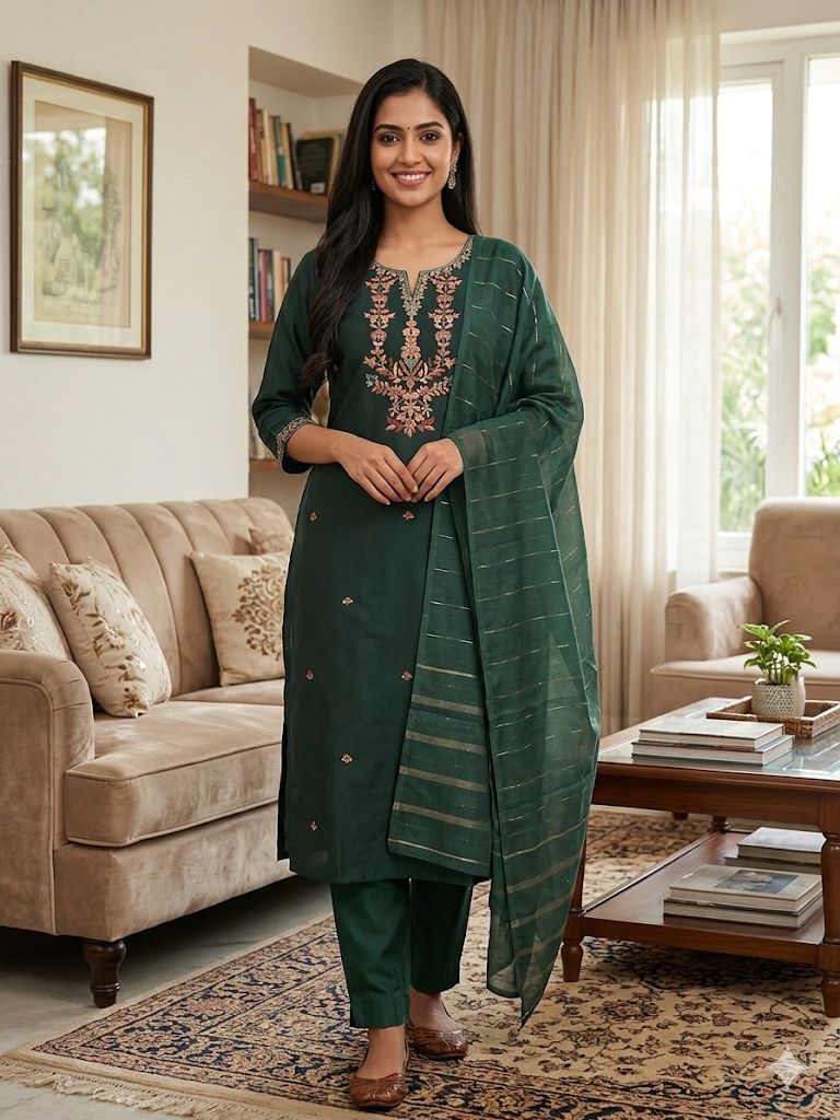 Dark Green Roman Silk Salwar Suit with Woven Dupatta