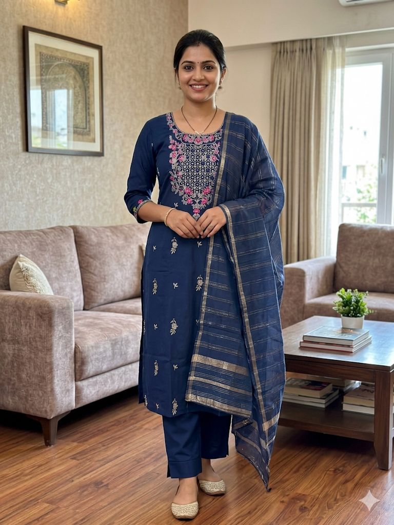 Navy Blue Roman Silk Salwar Suit with Woven Dupatta
