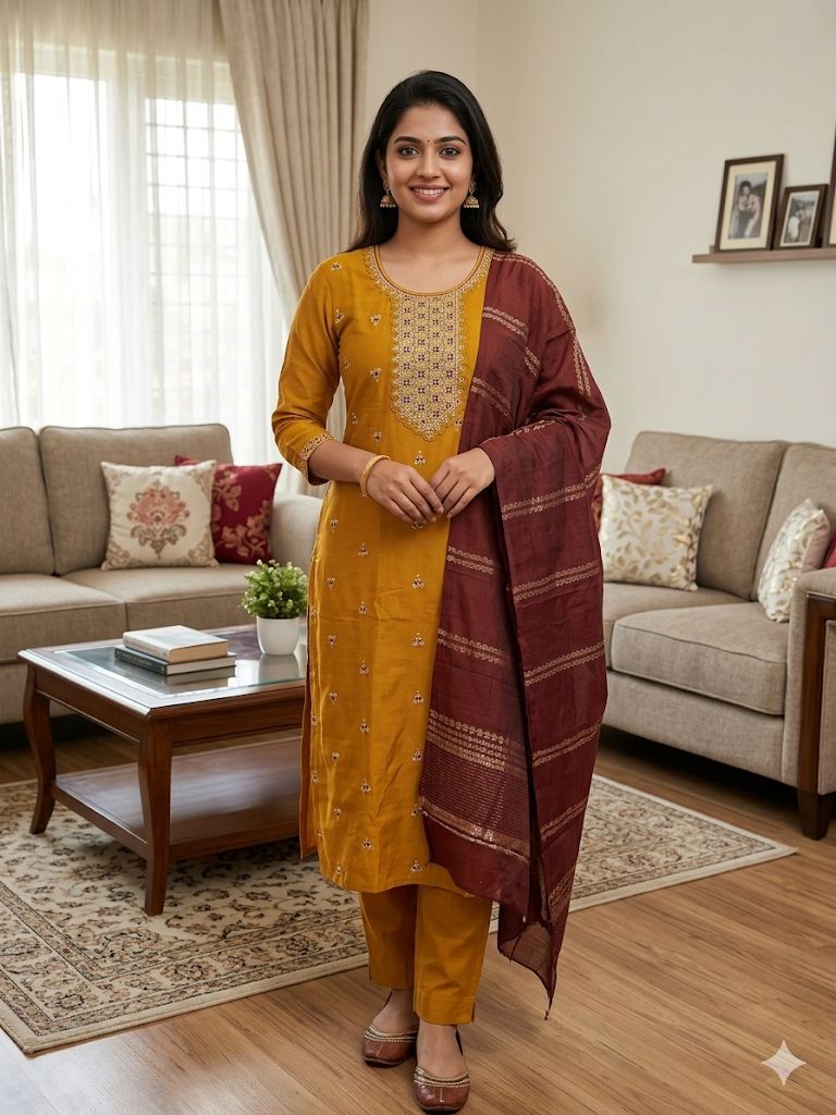 Mustard Yellow Roman Silk Salwar Suit with Maroon Dupatta