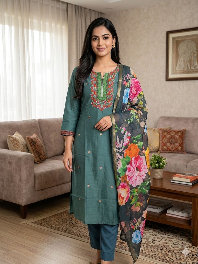 Bottle Green Roman Silk Salwar Suit with Floral Printed Dupatta