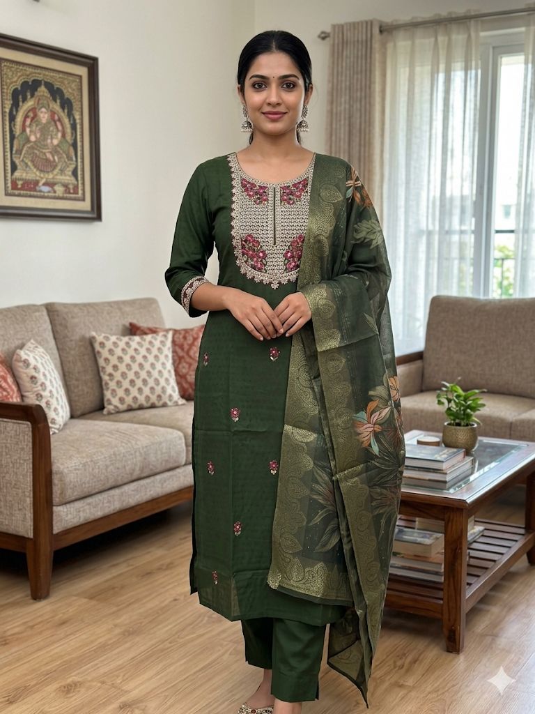 Dark Olive Green Roman Silk Salwar Suit with Floral Jacquard Dupatta