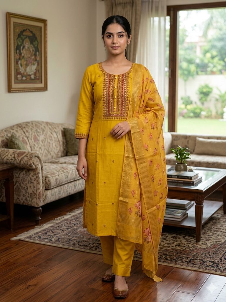 Mustard Yellow Roman Silk Salwar Suit with Floral Dupatta