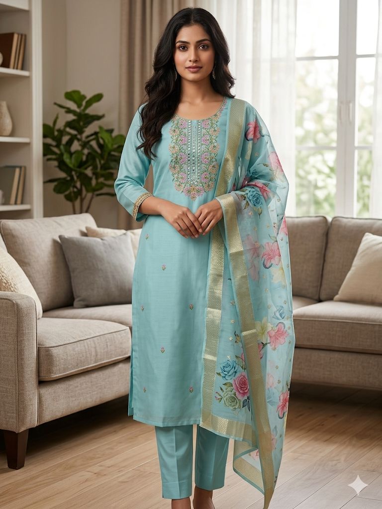 Sky Blue Roman Silk Salwar Suit with Floral Dupatta
