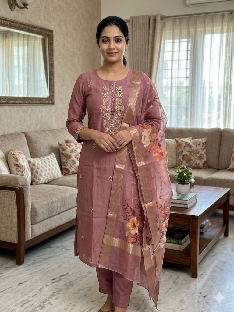 Onion Pink Roman Silk Salwar Suit with Floral Dupatta