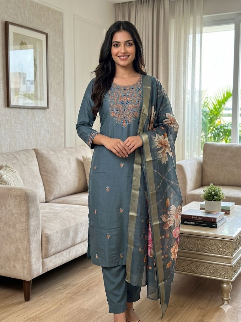Slate Grey Roman Silk Salwar Suit with Floral Dupatta