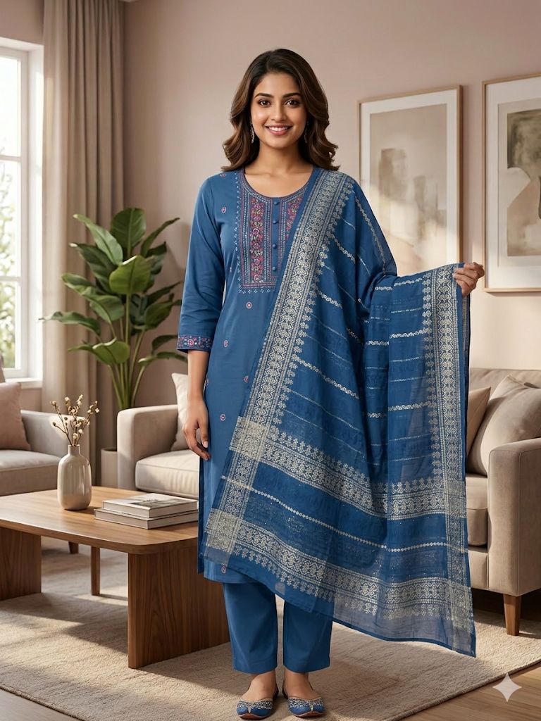 Steel Blue Roman Silk Salwar Suit with Woven Dupatta