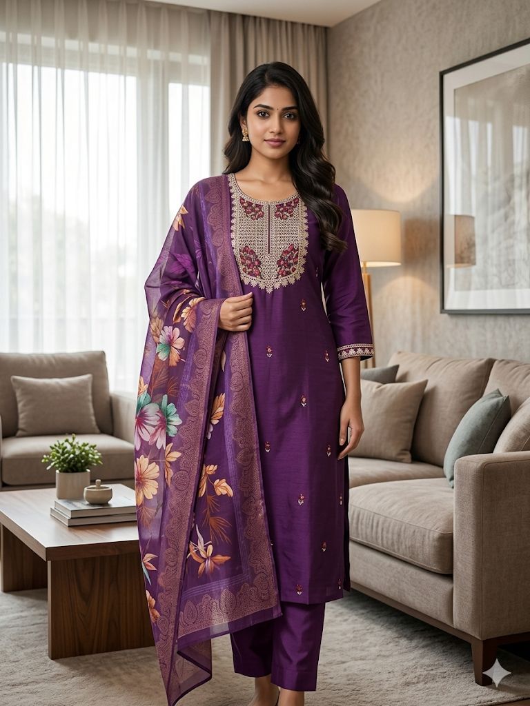 Royal Purple Roman Silk Salwar Suit with Floral Dupatta