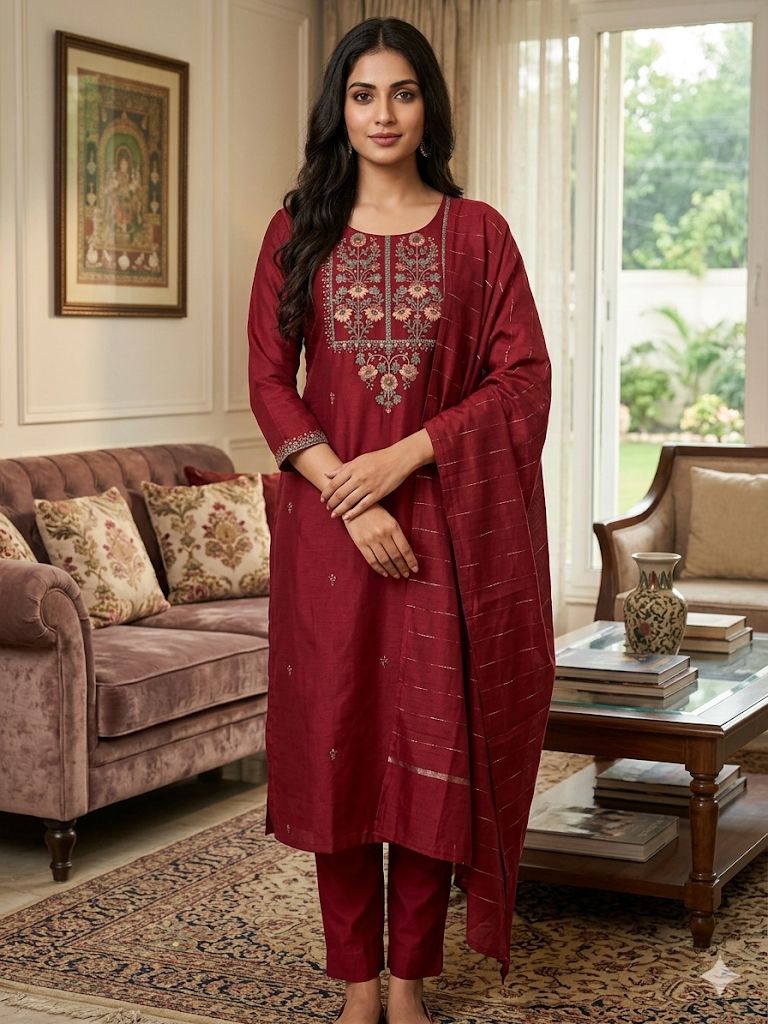 Maroon Roman Silk Salwar Suit with Woven Dupatta | Embroidered Round Neck Kurti Set for Women