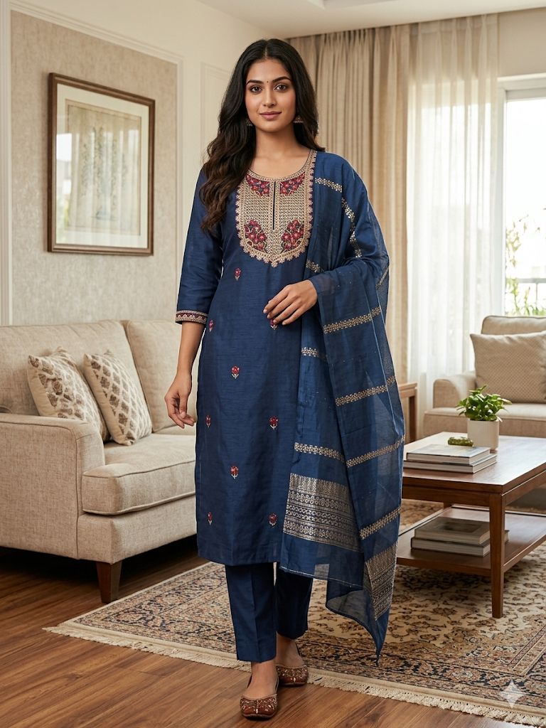 Indigo Blue Roman Silk Salwar Suit with Woven Dupatta | Embroidered Round Neck Kurti Set for Women
