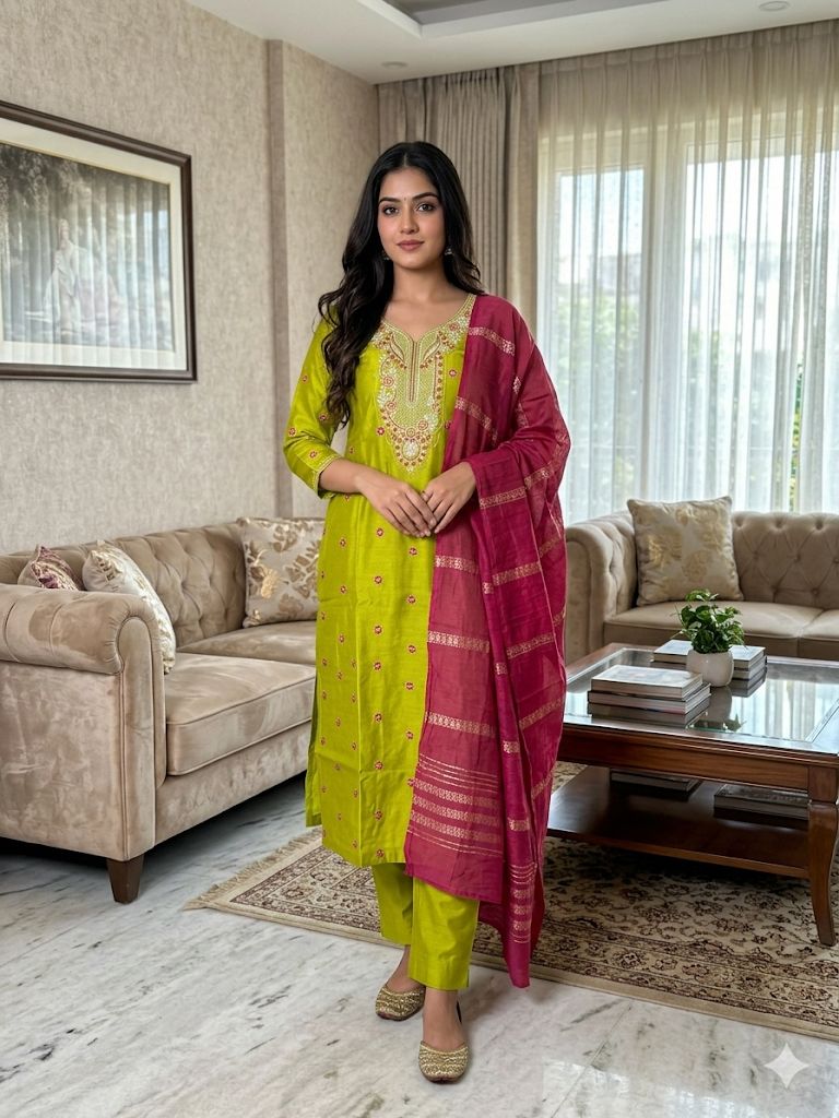 Lime Green Roman Silk Salwar Suit with Pink Dupatta | Embroidered Round Neck Kurti Set for Women