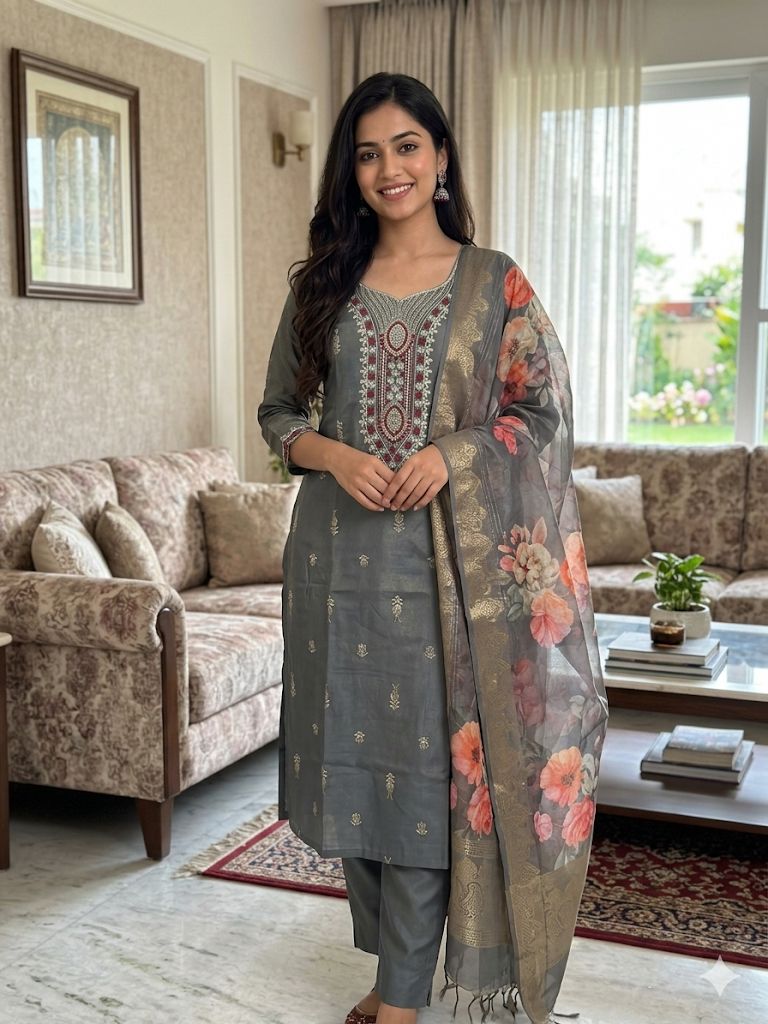 Ash Grey Roman Silk Salwar Suit with Floral Organza Dupatta
