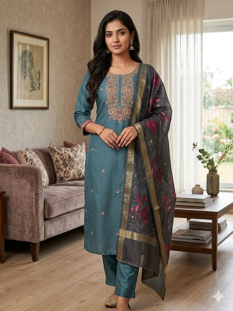 Light Green Roman Silk Salwar Suit with Floral Organza Dupatta | Embroidered Round Neck Kurti Set for Women