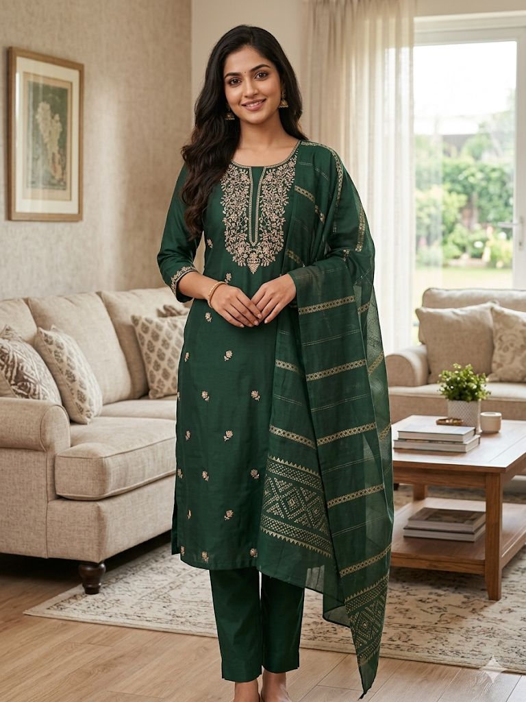 Dark Green Roman Silk Salwar Suit with Woven Dupatta | Embroidered Round Neck Kurti Set for Women