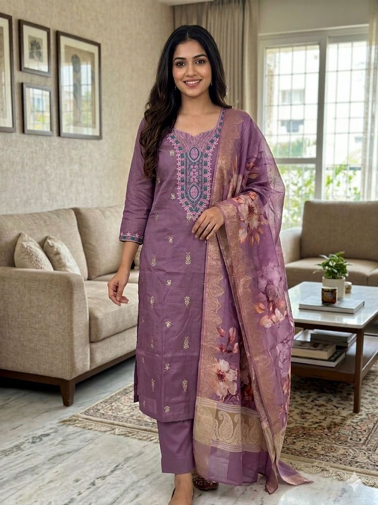 Lavender Roman Silk Salwar Suit with Floral Organza Dupatta | Embroidered Round Neck Kurti Set for Women