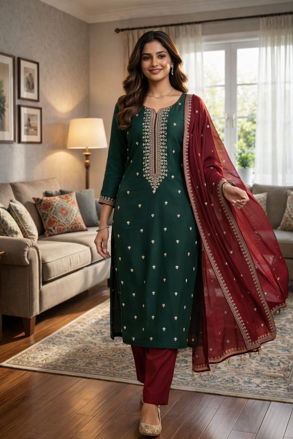 Green Roman Silk Salwar Suit with Maroon Dupatta