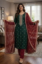 Green Roman Silk Salwar Suit with Maroon Dupatta