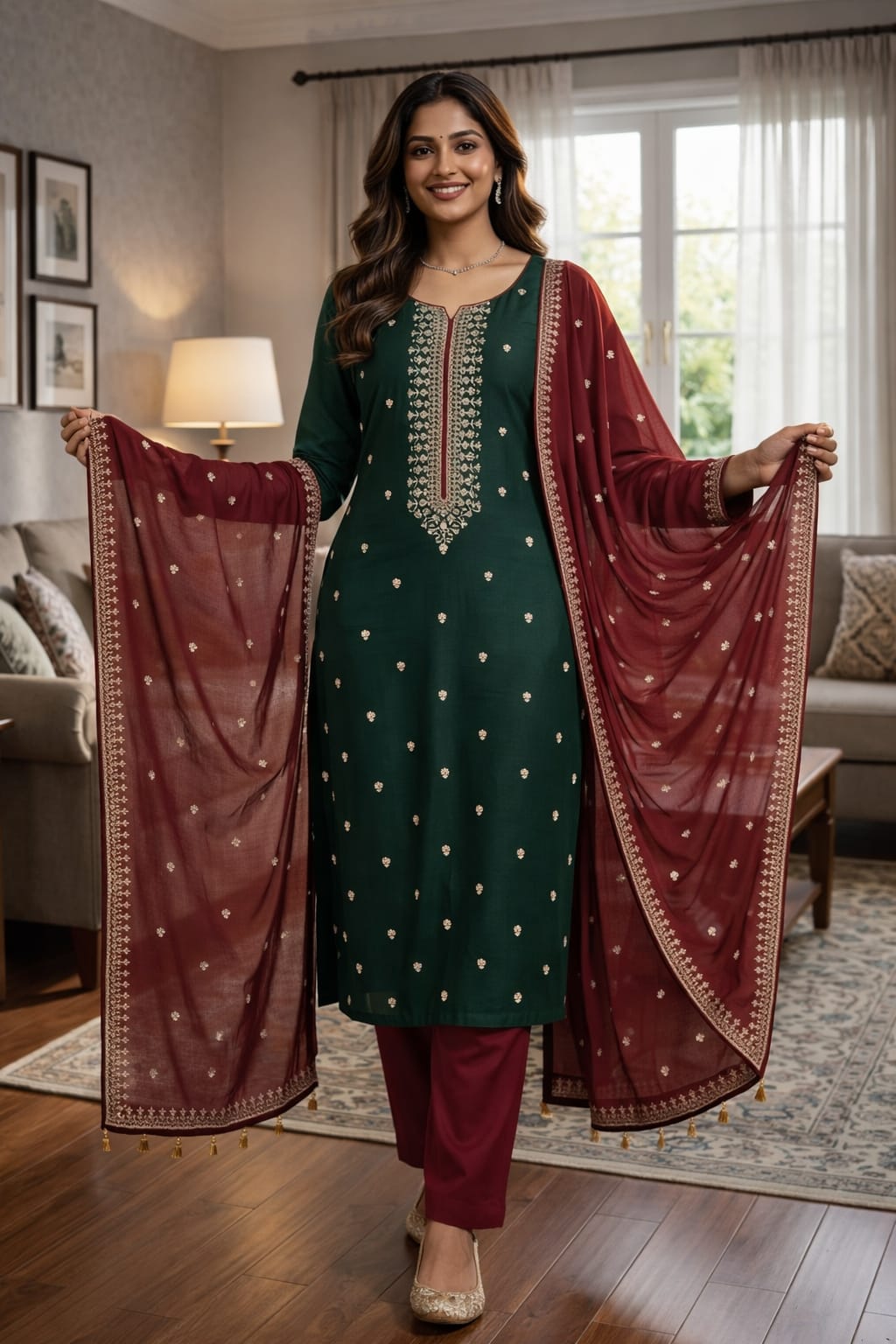 Green Roman Silk Salwar Suit with Maroon Dupatta