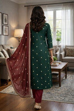 Green Roman Silk Salwar Suit with Maroon Dupatta