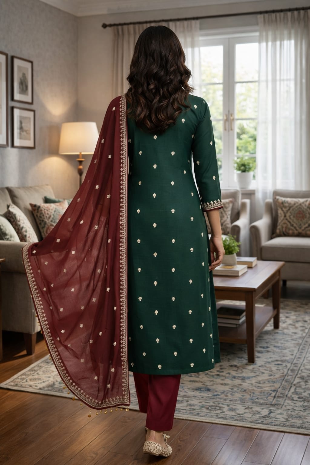Green Roman Silk Salwar Suit with Maroon Dupatta