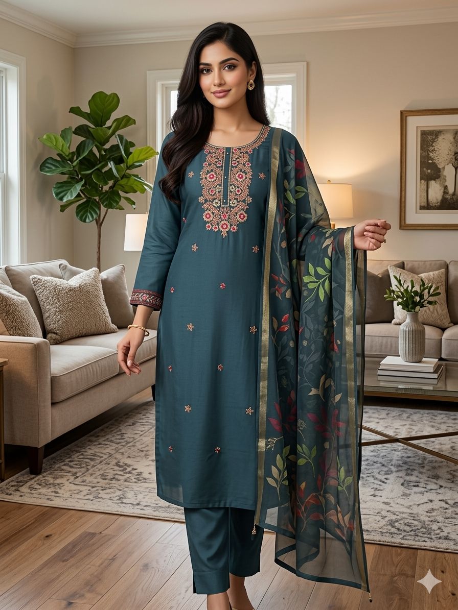 Grey Roman Silk Salwar Suit with Floral Dupatta