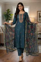 Grey Roman Silk Salwar Suit with Floral Dupatta