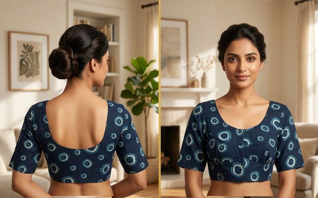Navy Blue Printed Cotton Readymade Blouse