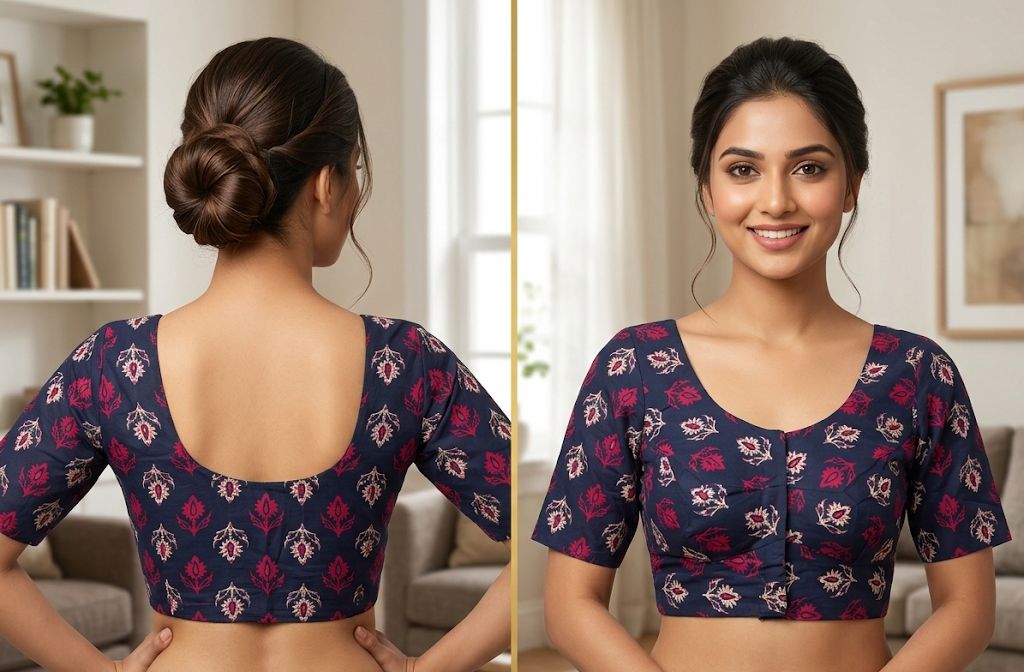 Navy Blue Floral Printed Cotton Readymade Blouse