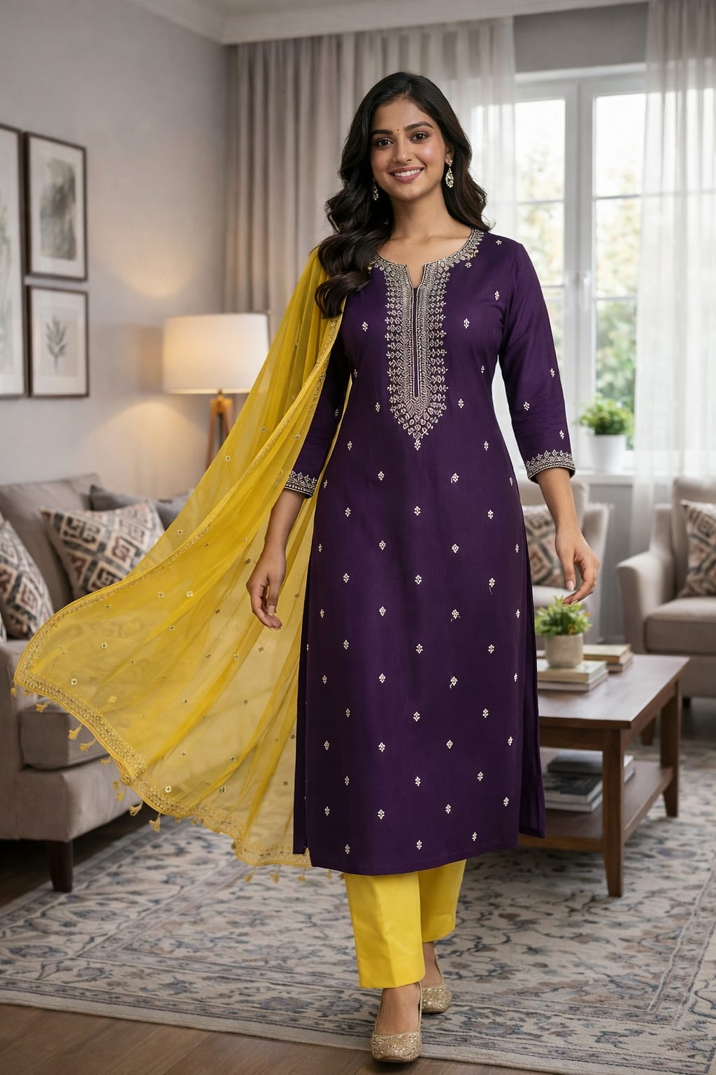 Purple Roman Silk Salwar Suit with Yellow Dupatta
