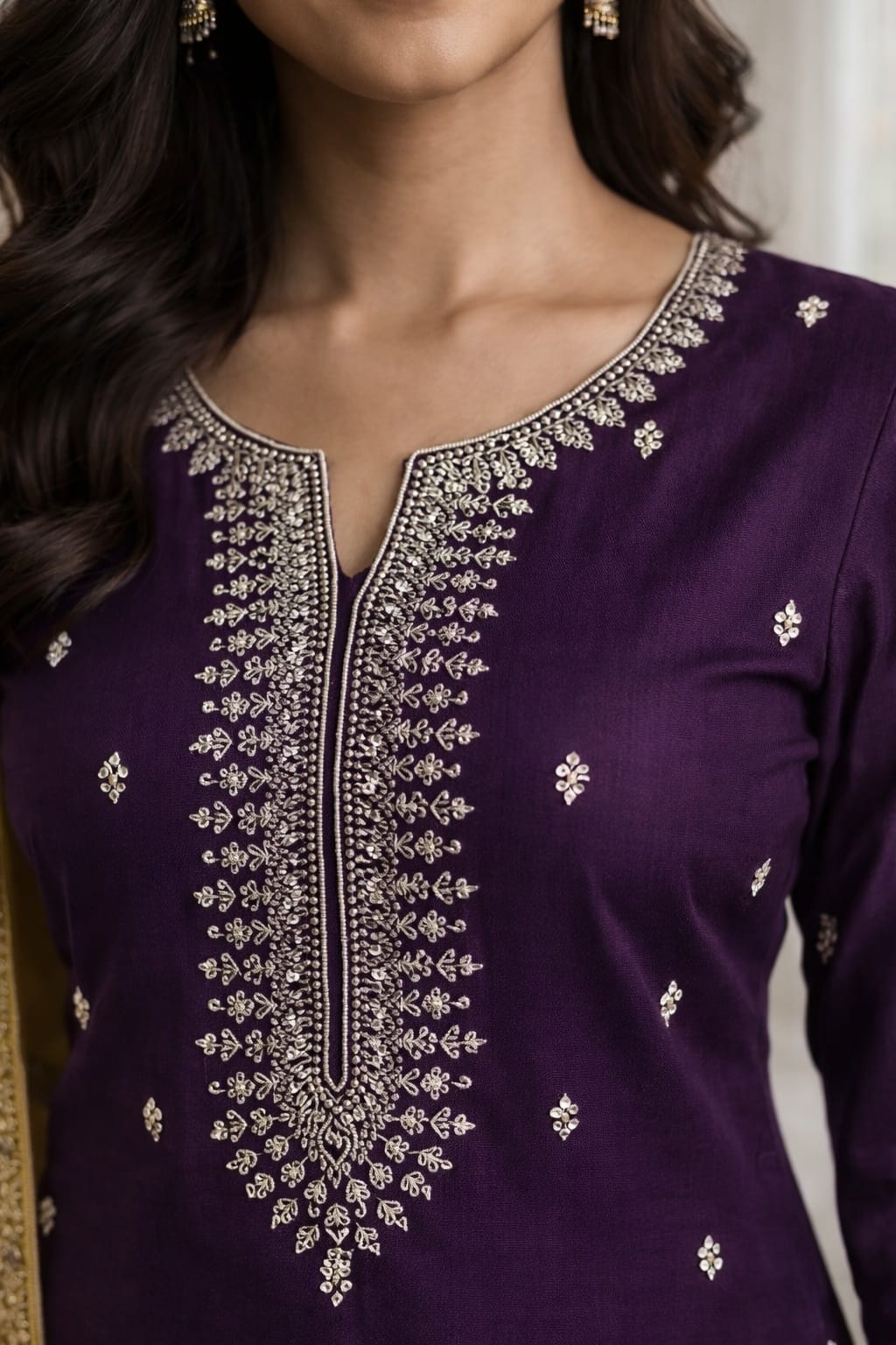 Purple Roman Silk Salwar Suit with Yellow Dupatta