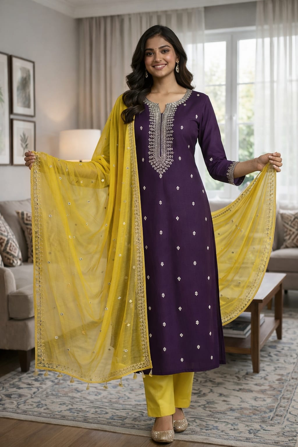 Purple Roman Silk Salwar Suit with Yellow Dupatta