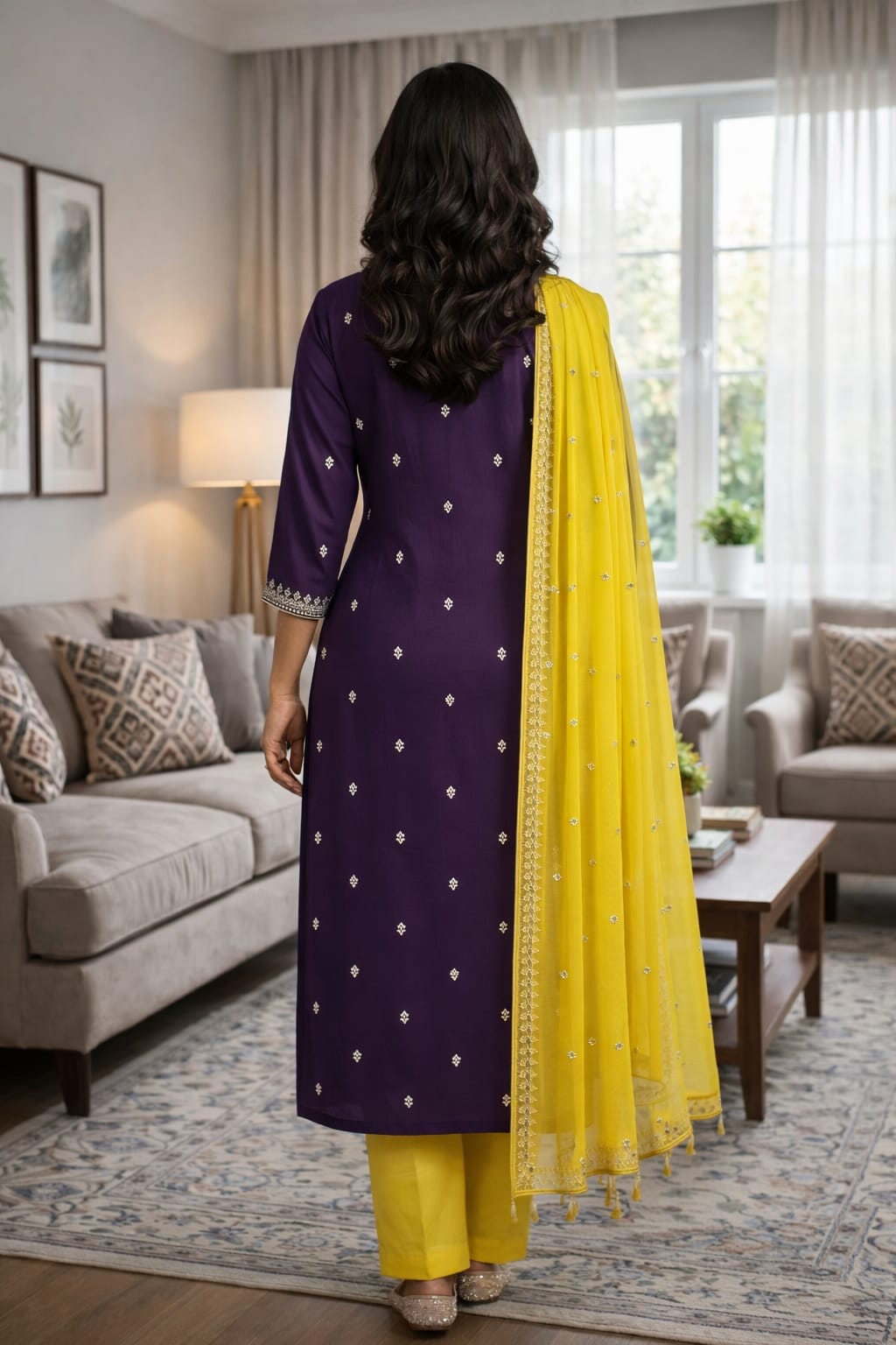 Purple Roman Silk Salwar Suit with Yellow Dupatta