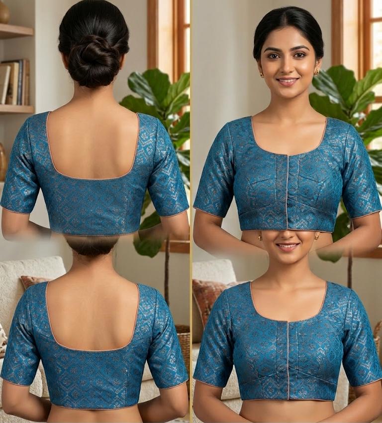 Teal Blue Silk Cotton Readymade Blouse