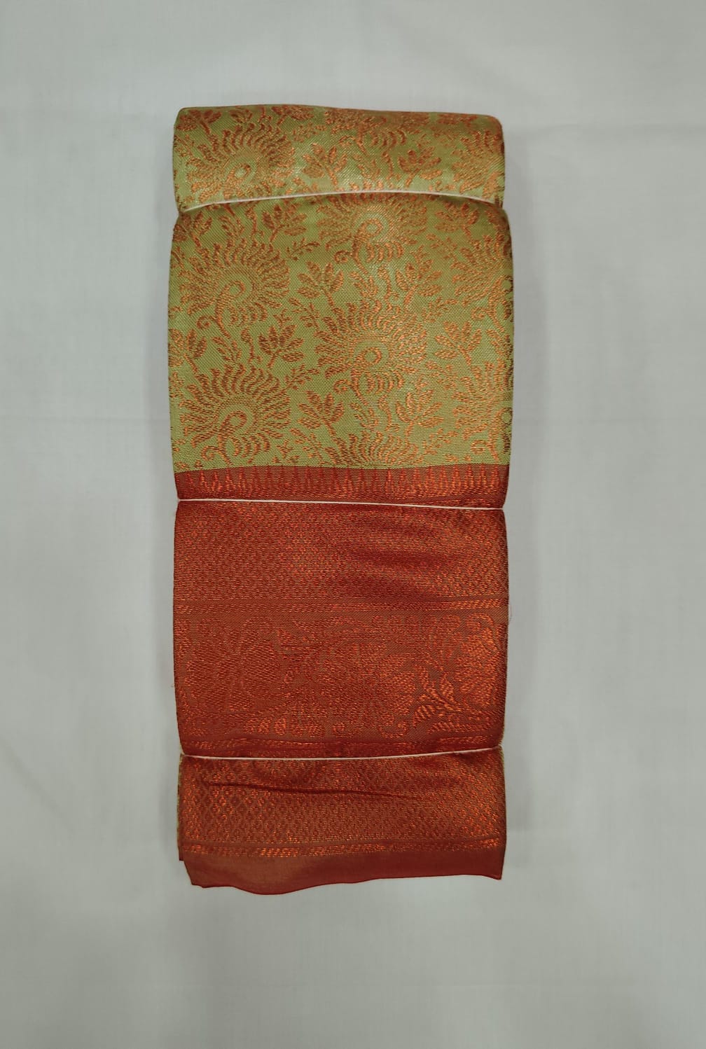 Golden Green Silk Saree with Rich Copper Zari Border & Blouse