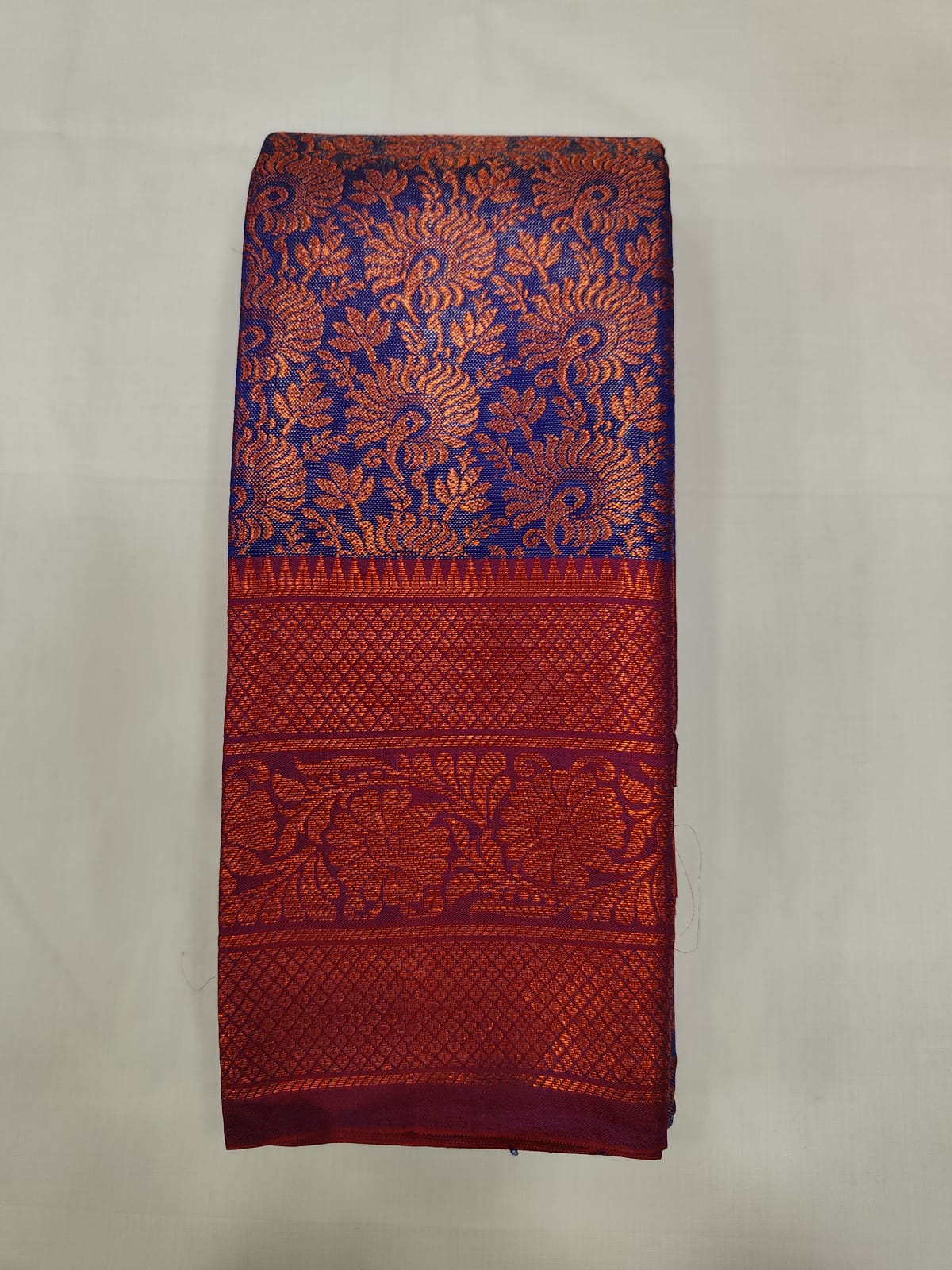 Royal Blue Silk Saree with Copper Zari Border & Blouse