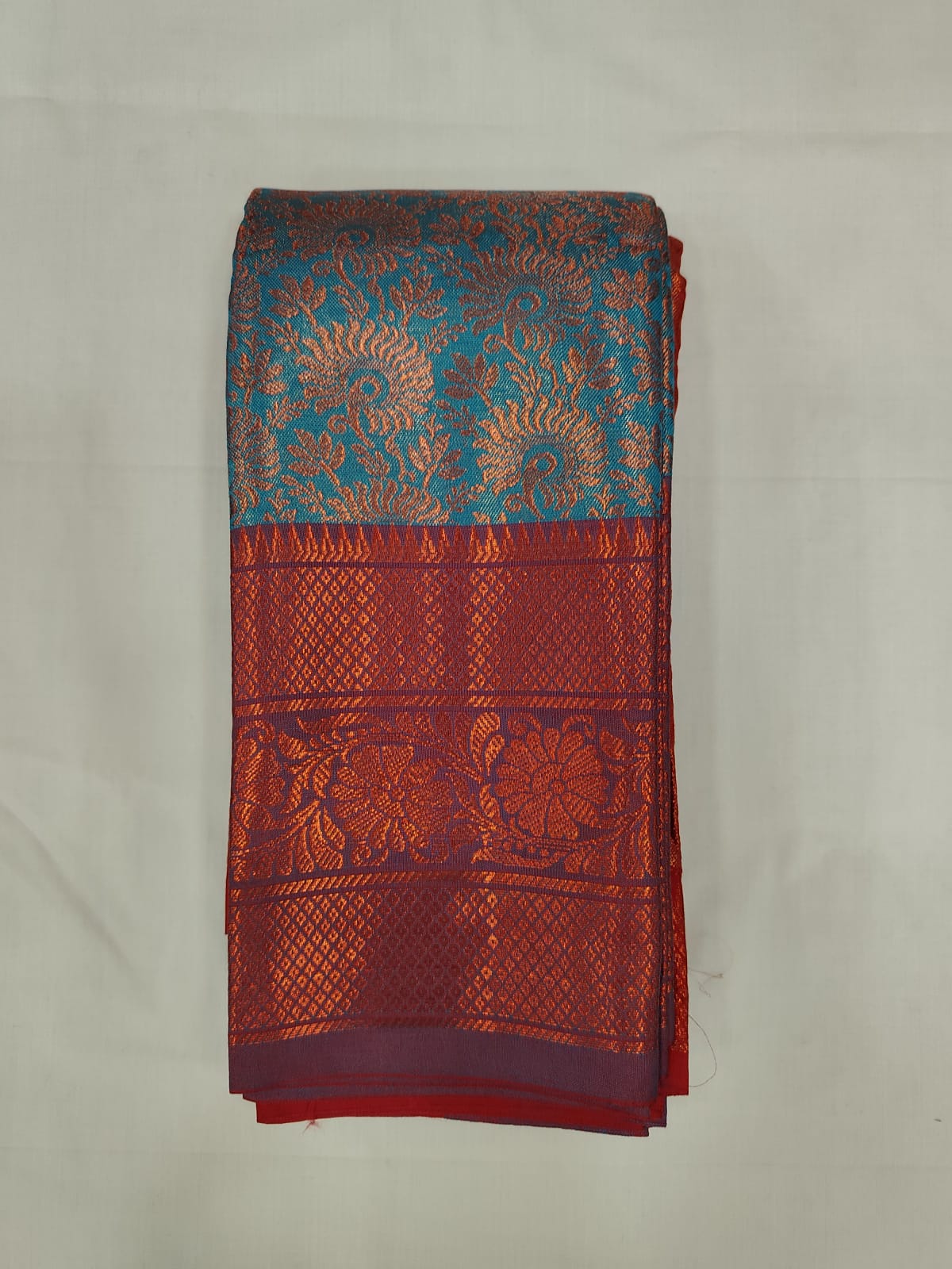 Blue Silk Saree with Maroon Copper Zari Border & Floral Weaving