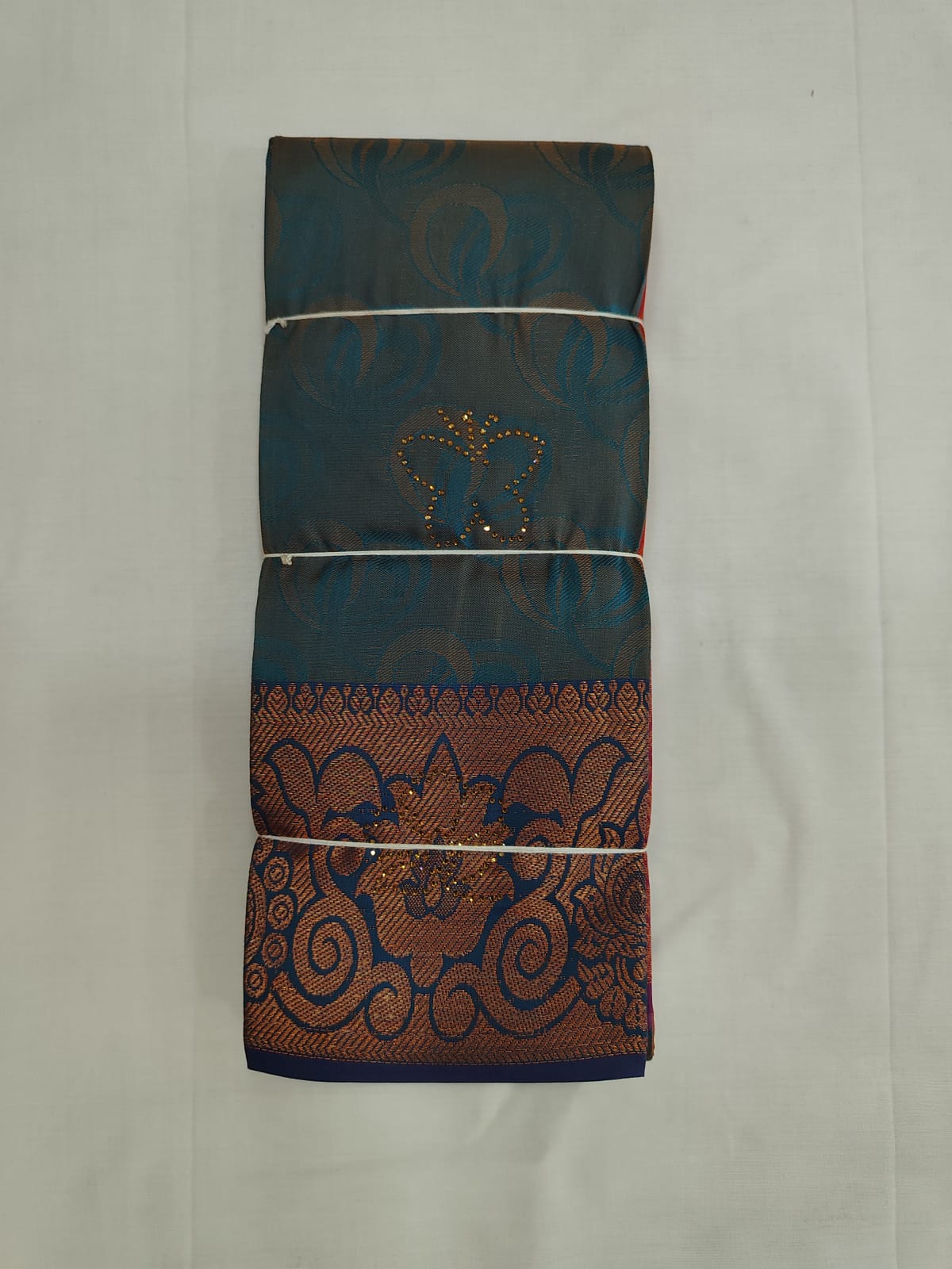 Peacock Blue Silk Saree with Stone Work & Rich Copper Zari Border