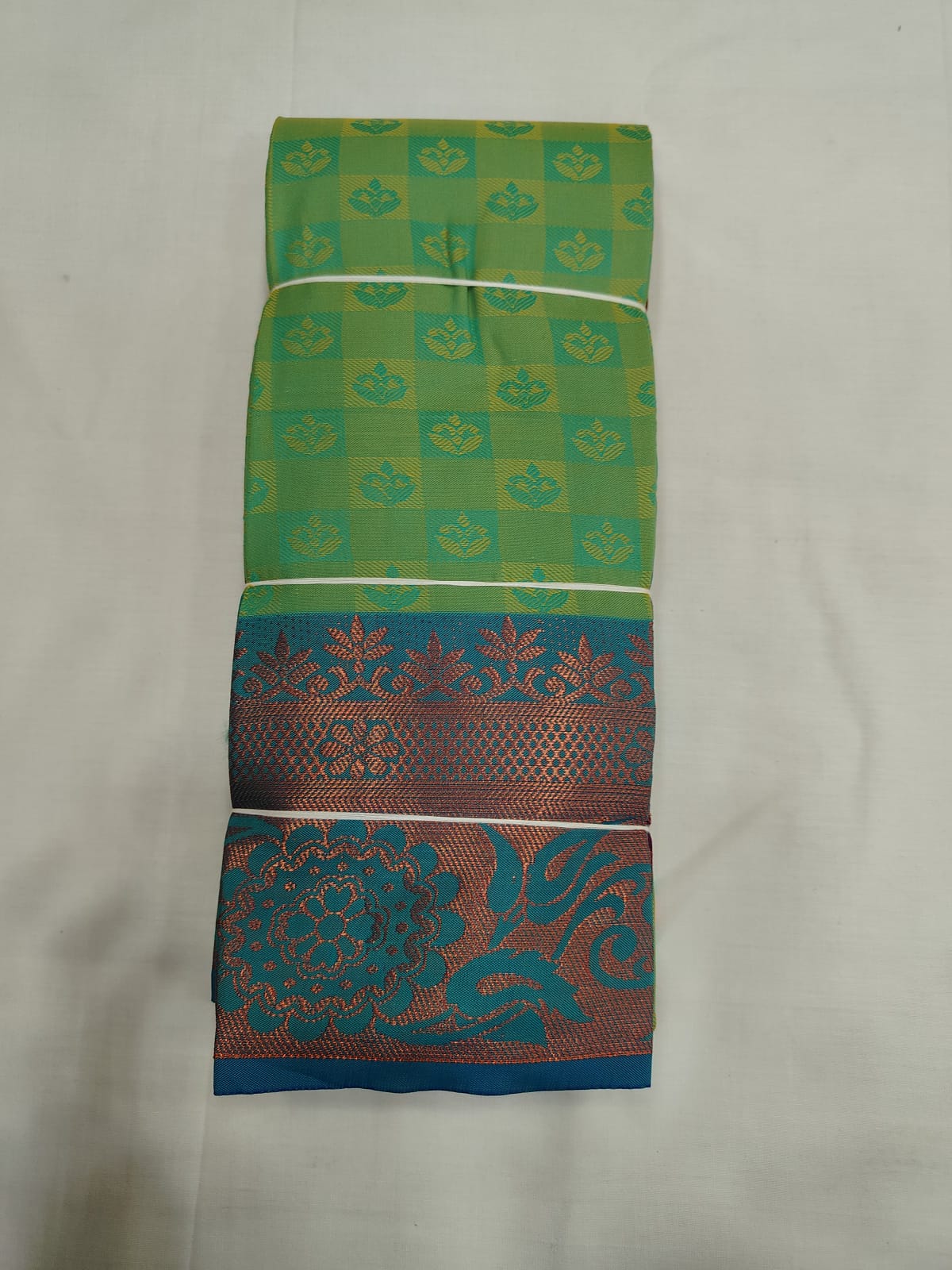 Green Checked Silk Saree with Contrast Blue & Copper Zari Border