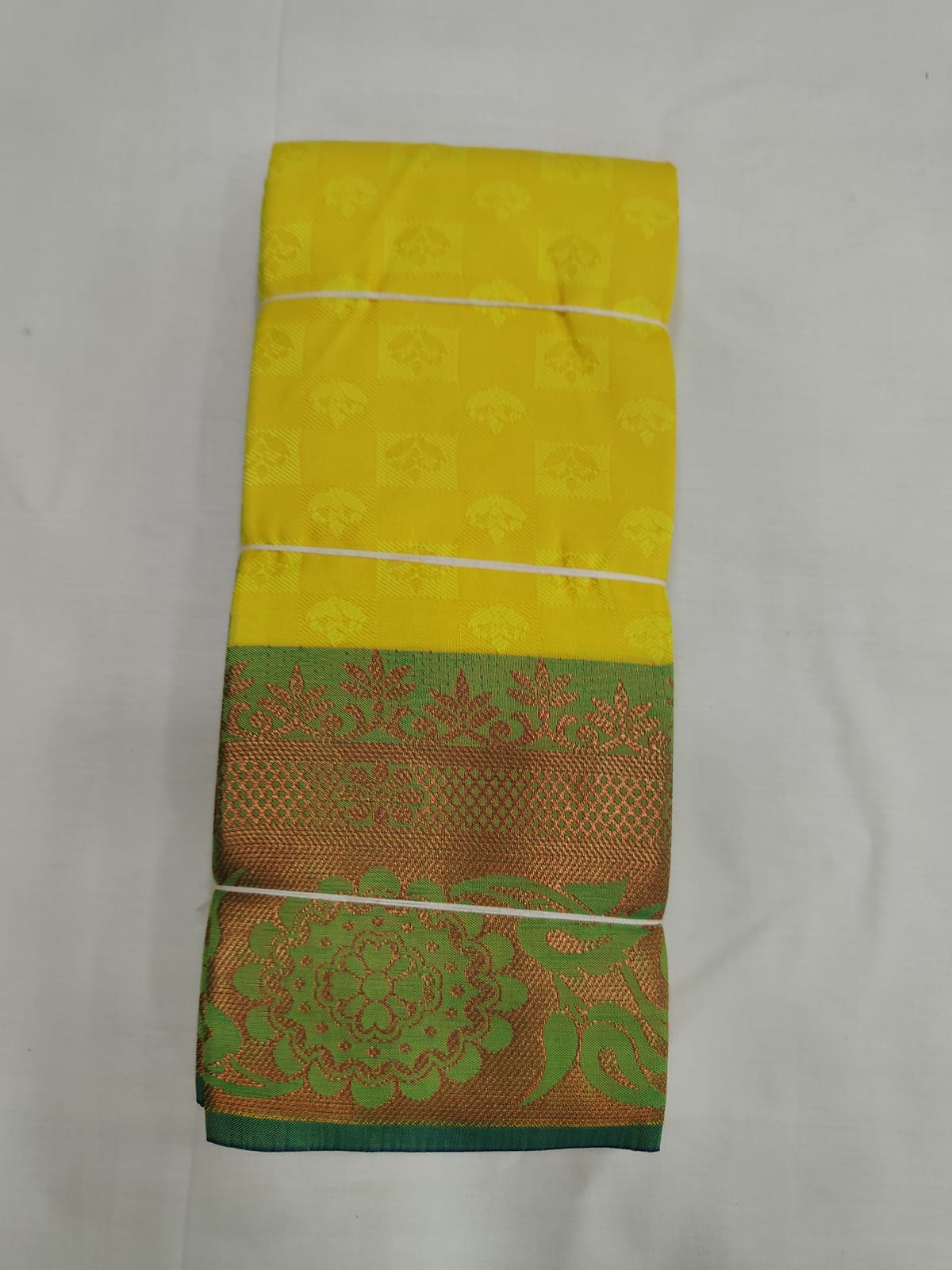 Lemon Yellow Silk Saree with Checked Pattern & Copper Zari Border