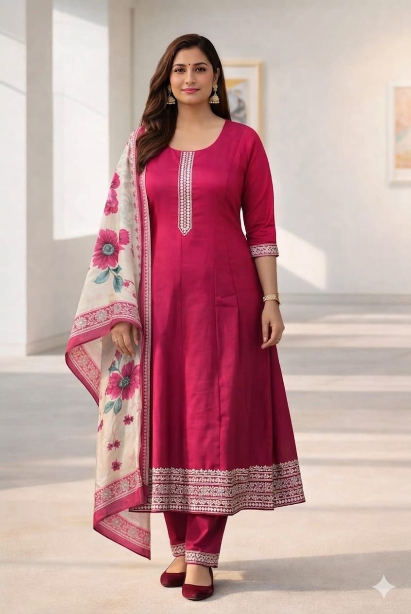 Elegant Pink A-Line Umbrella Salwar Suit Set with Floral Dupatta – Vatican Fabric