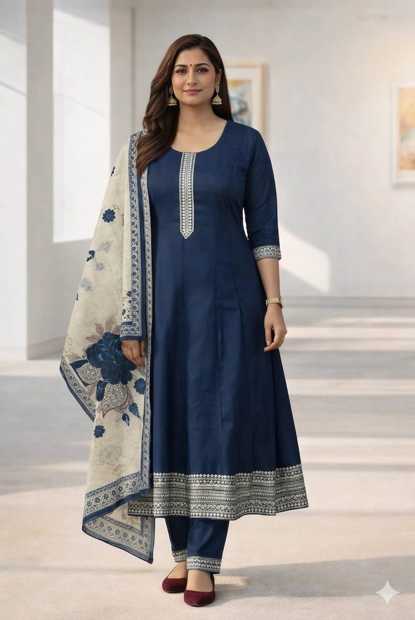 Elegant Navy Blue A-Line Umbrella Salwar Suit Set with Printed Dupatta – Vatican Fabric