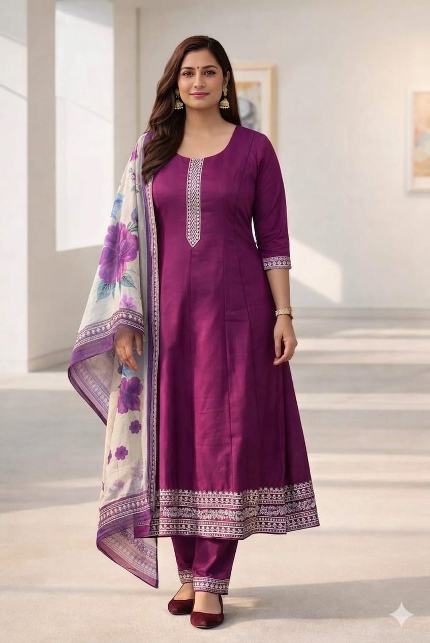 Elegant Wine Purple A-Line Umbrella Salwar Suit Set with Floral Dupatta – Vatican Fabric