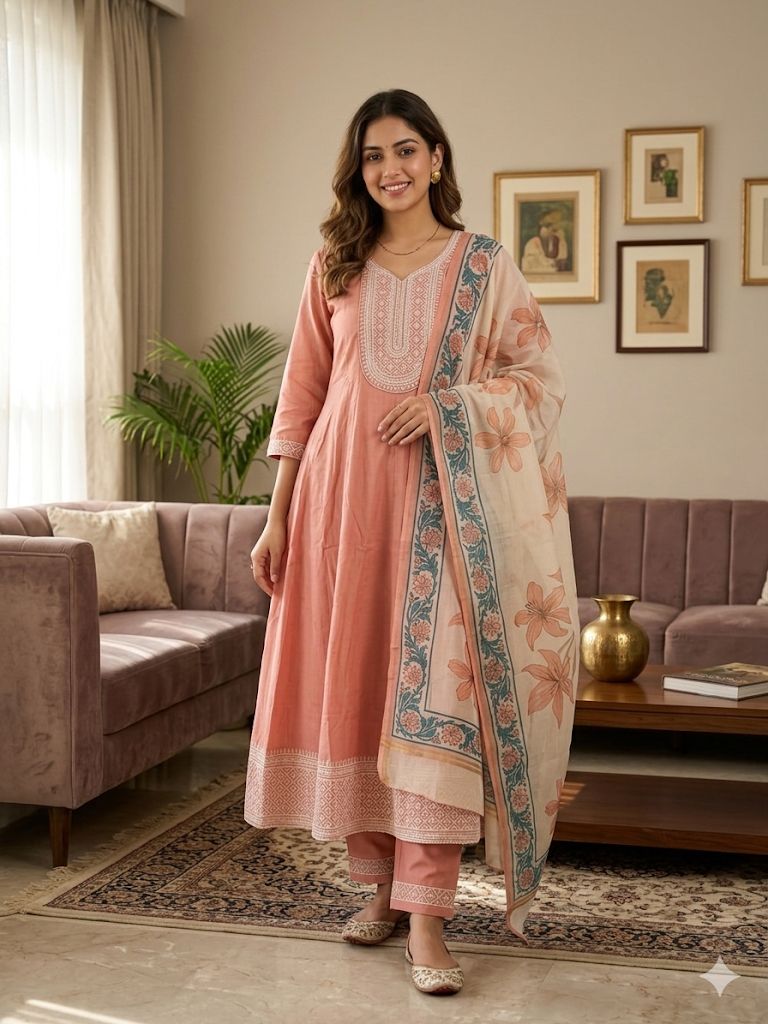 Elegant Peach Salwar Suit Set with Floral Printed Dupatta