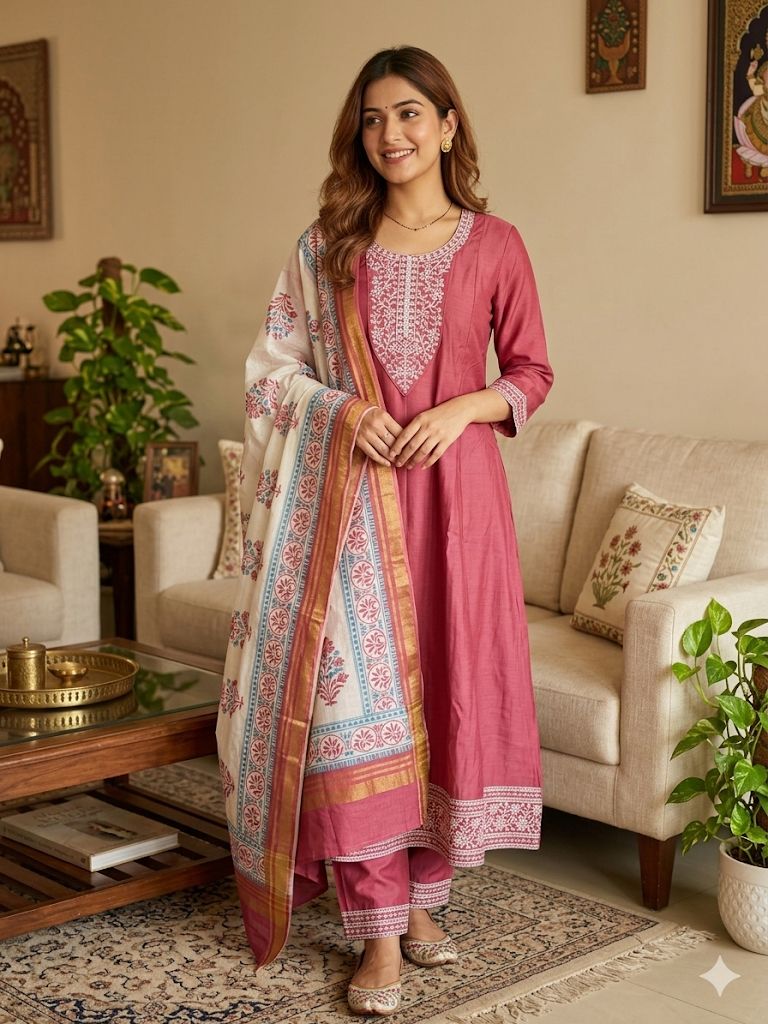 Elegant Rose Pink Salwar Suit Set with Printed Dupatta –