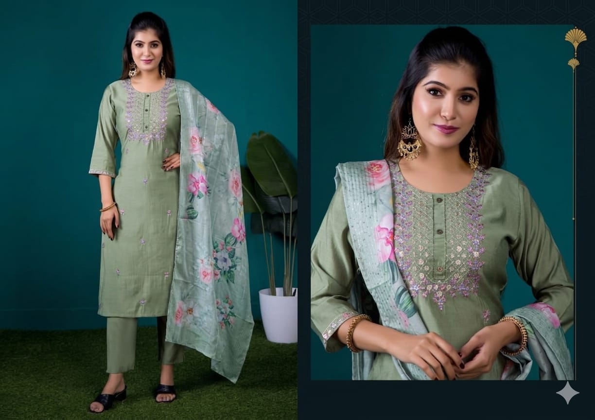 Pista Green Roman Silk Embroidered Salwar Suit with Floral Dupatta